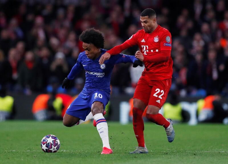 Chelsea's Willian in action with Bayern Munich's Serge Gnabry. Reuters