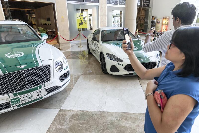 DUBAI, UNITED ARAB EMIRATES. 12 November 2019. The Dubai Police stand at the Dubai Motor Show opening day. (Photo: Antonie Robertson/The National) Journalist: Nic Webster. Section: National.
