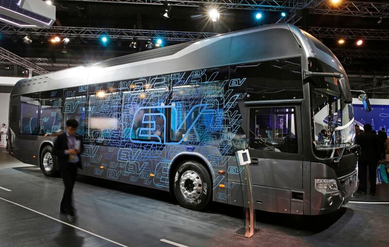 Newly launched Tata's electric bus is displayed at the Auto Expo in Greater Noida, near New Delhi, India, Wednesday, Feb. 7, 2018. The biennial automobile exhibition opens to public Friday and runs till Feb.14. (AP Photo/Altaf Qadri)