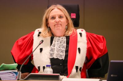 Chairwoman of the court Laurence Massart at the start of the trial at the Justitia building in Brussels. EPA