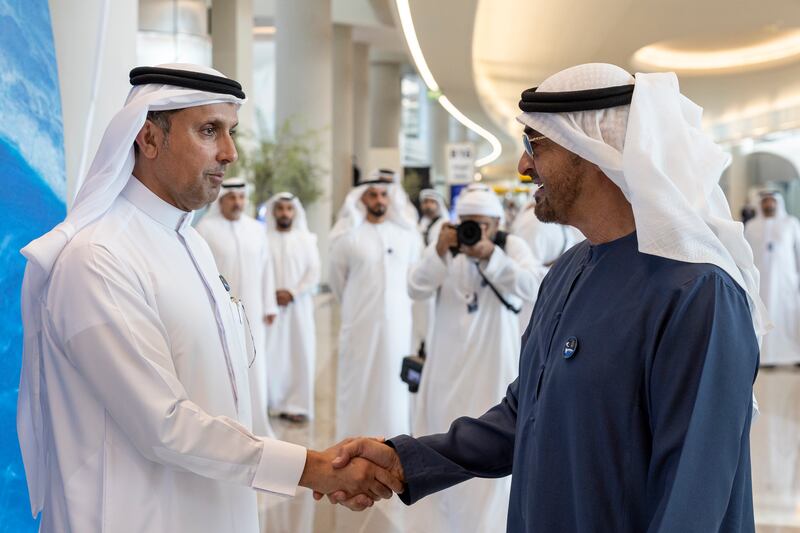 President Sheikh Mohamed greets Maj Gen Talal Al Falasi, vice president of the Mohamed bin Rashid Space Centre. Photo: UAE Presidential Court