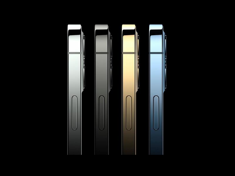 This image provided by Apple shows the new iPhone 12 Pro phones that Apple unveiled. The higher-end iPhone 12 Pro with more powerful cameras comes in silver, graphite, gold and blue.  AP