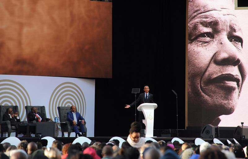 epa06894987 Former US President Barack Obama speaks during the annual Mandela Lecture to commemorate Mandela Day, Johannesburg, South Africa, 17 July 2018. Nobel Peace Prize winner Nelson Mandela 100 years ago and the lecture is part of a week long celebration of his life.  EPA/STR
