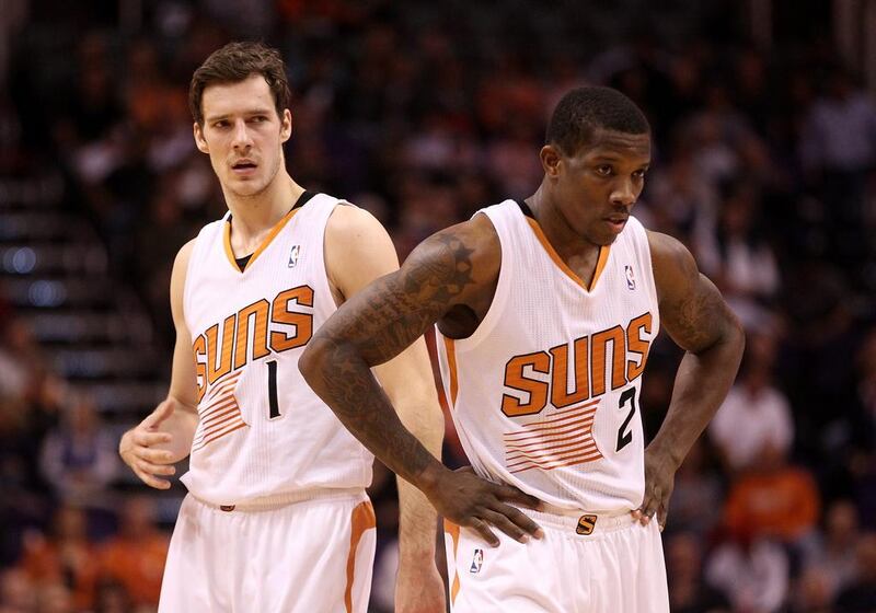 Goran Dragic, left, and Eric Bledsoe are two of the reasons the Phoenix Suns have risen to the top of the NBA's Western Conference. Christian Petersen / AFP

