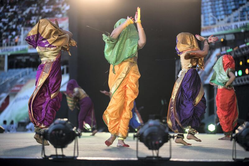 DUBAI, UNITED ARAB EMIRATES - JANUARY 11, 2019.
 
Indian cultural dances  performed ahead of Rahul Gandhi's speech today at Dubai International Cricket Stadium.

(Photo by Reem Mohammed/The National)

Reporter: Ramola Talwar.
Section:  NA