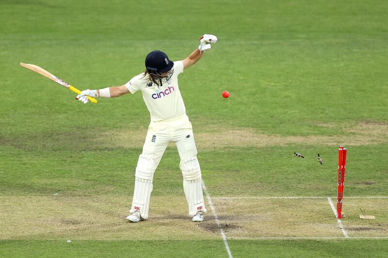 England opener Rory Burns is bowled by Cameron Green of Australia for 26. Getty