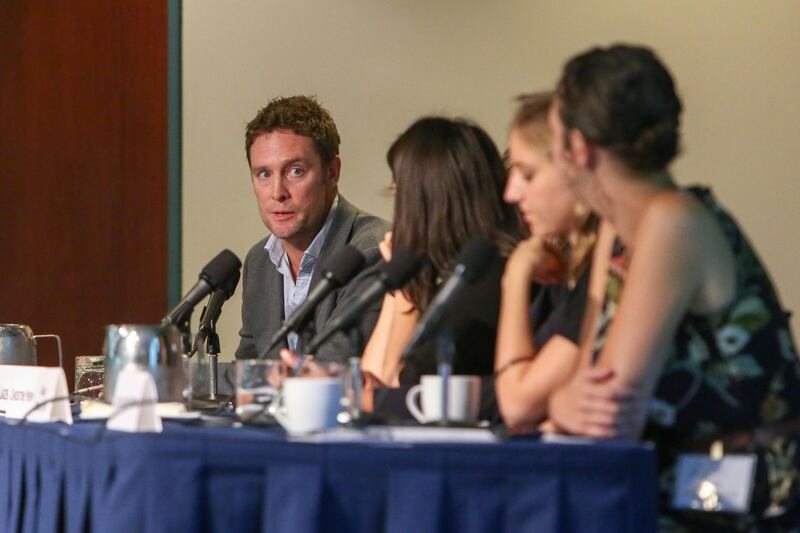 Nick Webster, left, a Rosalynn Carter Fellow for Mental Health Journalism, discussing his work at the Carter Centre in Atlanta. Courtesy of the Carter Centre