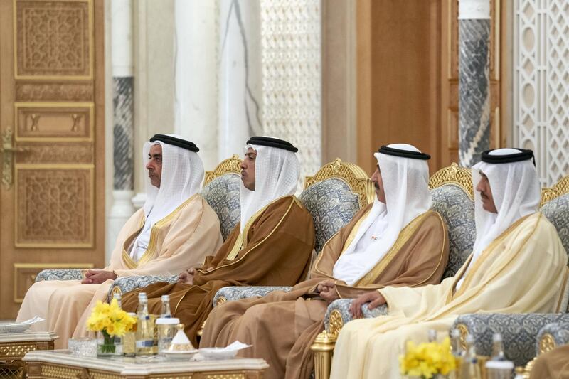 ABU DHABI, UNITED ARAB EMIRATES -December 12, 2019: (L-R) HH Lt General Sheikh Saif bin Zayed Al Nahyan, UAE Deputy Prime Minister and Minister of Interior, HH Sheikh Mansour bin Zayed Al Nahyan, UAE Deputy Prime Minister and Minister of Presidential Affairs, HE Saqr Ghubash, Cabinet Member and Minister of Human Resources and Emiratisation and HE Ahmed Juma Al Zaabi, UAE Deputy Minister of Presidential Affairs, attend a meeting with HE Sooronbay Sharipovich Jeenbekov, President of Kyrgyzstan (not shown), during an official visit reception, at Qasr Al Watan. 

( Hamad Al Mansoori for the Ministry of Presidential Affairs )

---