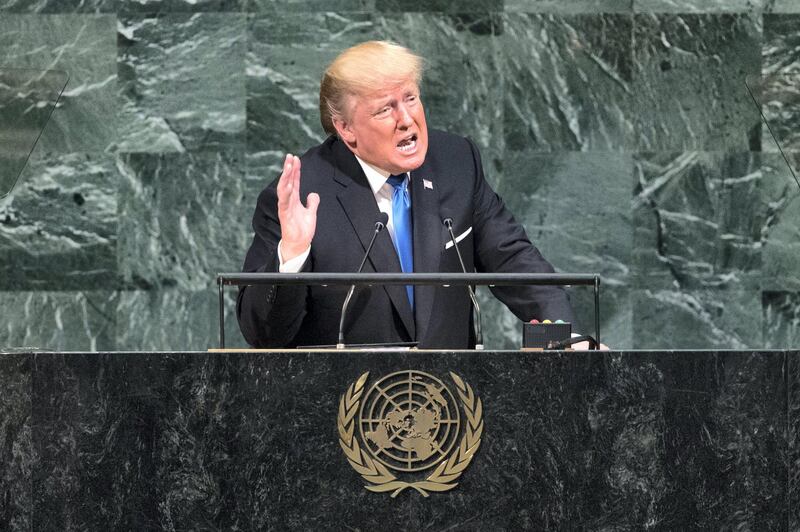 NEW YORK, NY - SEPTEMBER 19: U.S. President Donald Trump addresses the United Nations General Assembly at UN headquarters, September 19, 2017 in New York City. Among the issues facing the assembly this year are North Korea's nuclear developement, violence against the Rohingya Muslim minority in Myanmar and the debate over climate change. (Photo by Drew Angerer/Getty Images)