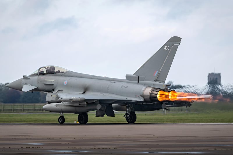 ZK438 Royal Air Force Eurofighter Typhoon FGR4 lights the afterburner for a performance takeoff RAF Coningsby. Tuesday 20 October 2020.  (Photo by Jon Hobley/MI News/NurPhoto via Getty Images)