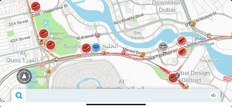 Tailbacks formed across numerous roads in Dubai due to heavy traffic and accidents. Courtesy: Waze 
