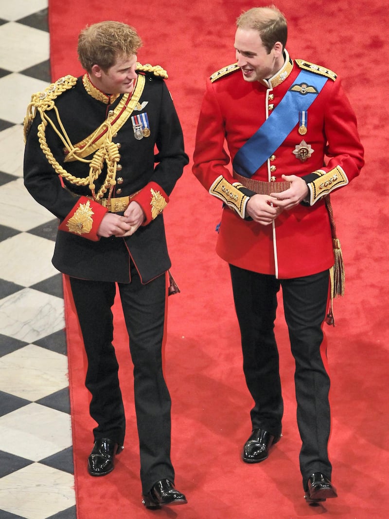LONDON, ENGLAND - APRIL 29: (L-R) Prince Harry and Prince William Duke of Cambridge inside Westminster Abbey on April 29, 2011 in London, England. The marriage of Prince William, the second in line to the British throne, to Catherine Middleton is being held in London today. The Archbishop of Canterbury conducted the service which was attended by 1900 guests, including foreign Royal family members and heads of state. Thousands of well-wishers from around the world have also flocked to London to witness the spectacle and pageantry of the Royal Wedding and street parties are being held throughout the UK.   (Photo by  Andrew Milligan - WPA Pool/Getty Images)