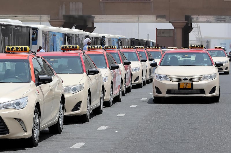 DUBAI , UNITED ARAB EMIRATES , JULY 5 – 2018 :- Dubai RTA taxi waiting for the customers near the Ibn Battuta metro station in Dubai. ( Pawan Singh / The National )  For Stock
