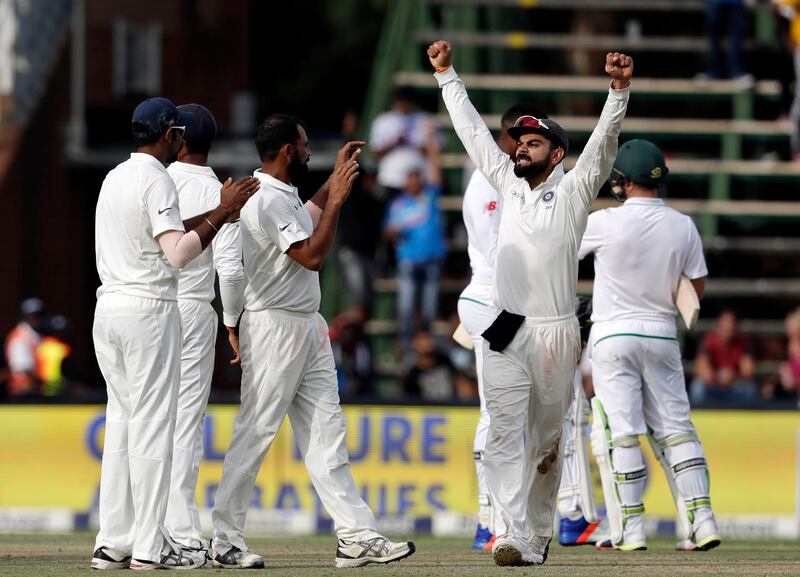 India's captain Virat Kohli, celebrates after winning the match on the fourth day of the third cricket test match between South Africa and India at the Wanderers Stadium in Johannesburg, South Africa, Saturday, Jan. 27, 2018. India beat South Africa by won 63 runs. (AP Photo/Themba Hadebe)