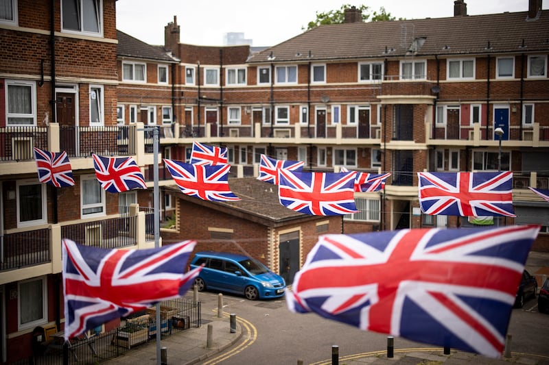 British Union flags are on display at Kirby Estate in London. EPA