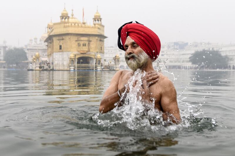 A Sikh devotee takes a dip in the holy sarovar (water tank) on the occasion of Bandi Chhor Divas, a Sikh festival coinciding with Diwali, the Hindu festival of light, at the Golden Temple in Amritsar on November 14, 2020. / AFP / NARINDER NANU
