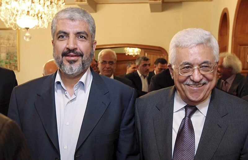 Hamas leader Khaled Mashaal, left, and Palestinian Authority president Mahmoud Abbas, who has accused Hamas of undermining the Palestinian unity government. AP Photo / Office of Khaled Meshaal