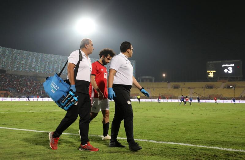 Egypt's Mohamed Salah leaves the field injured during the 4-1 Africa Cup of Nations win over eSwatini at the Al Salam Stadium, Cairo. Reuters