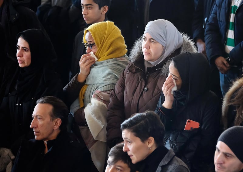Mourners listen during a funeral service for a Syrian refugee family who lost seven children in a February 19 house fire in Halifax, Nova Scotia, Canada February 23, 2019. Reuters