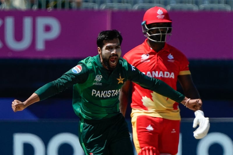 Pakistan bowler Mohammad Amir celebrates the dismissal of Canada's Navneet Dhaliwal. Amir finished with 2-13 off his four overs. AFP
