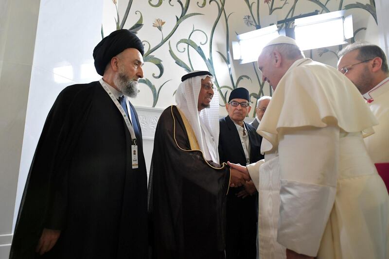 Pope Francis arrives for a meeting with the Muslim Council of Elders at the Sheikh Zayed Grand Mosque in Abu Dhabi. Reuters