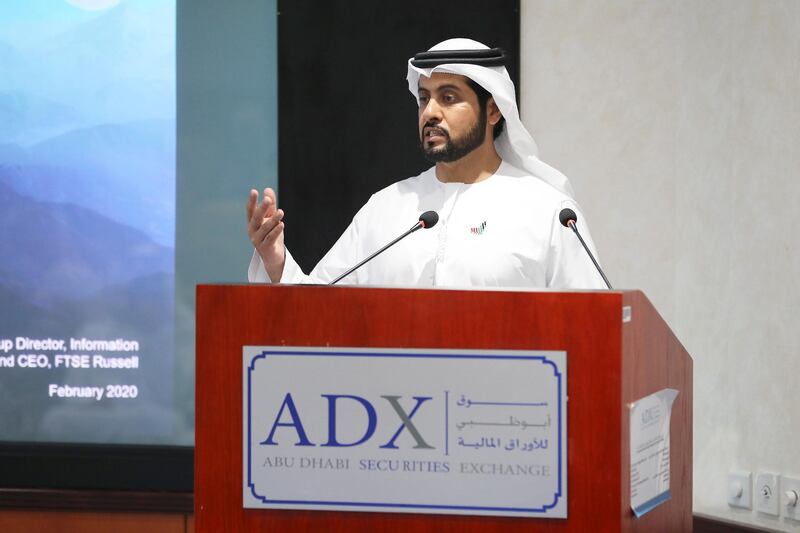 ABU DHABI, UNITED ARAB EMIRATES , Feb 5  – 2020 :- Khalifa Salem Al Mansouri, Chief Executive of ADX speaking during the press conference about the signing cooperation agreement between Abu Dhabi Securities Exchange and FTSE Russell held at Abu Dhabi Securities Exchange trading hall in Abu Dhabi. ( Pawan  Singh / The National ) For Business. Story by Fareed