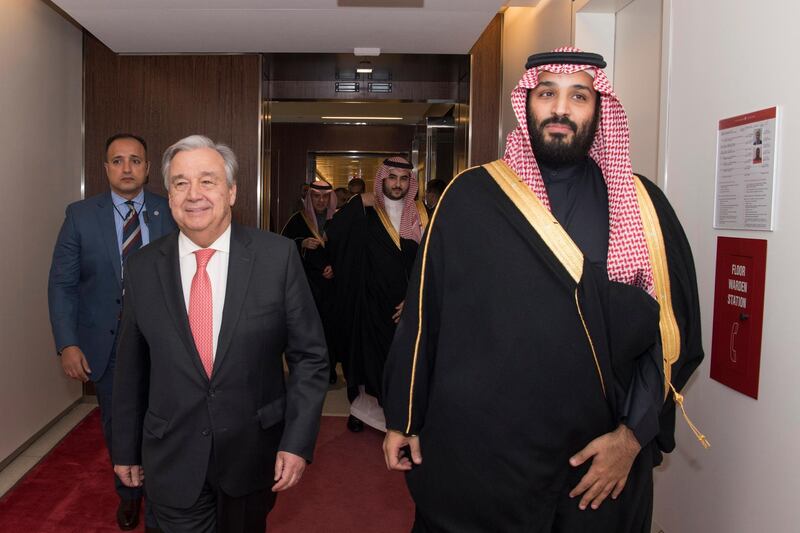 UN Secretary-General Antonio Guterres, left, escorts Saudi Arabia's Crown Prince Mohammed bin Salman, right, into a meeting at the United Nations, on Tuesday, March 27, 2018. Eskinder Debebe / United Nations via AP