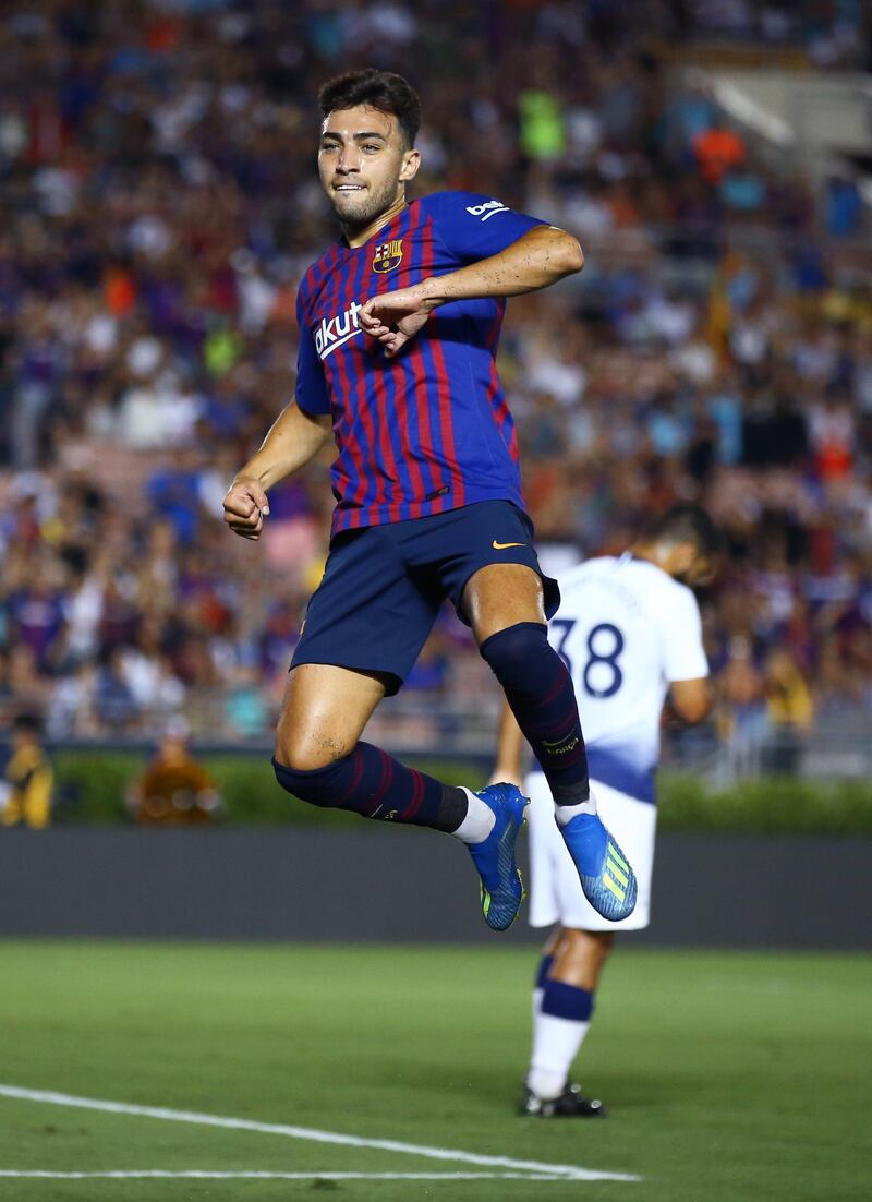 Barcelona forward Munir El Haddadi celebrates his first half goal. Reuters