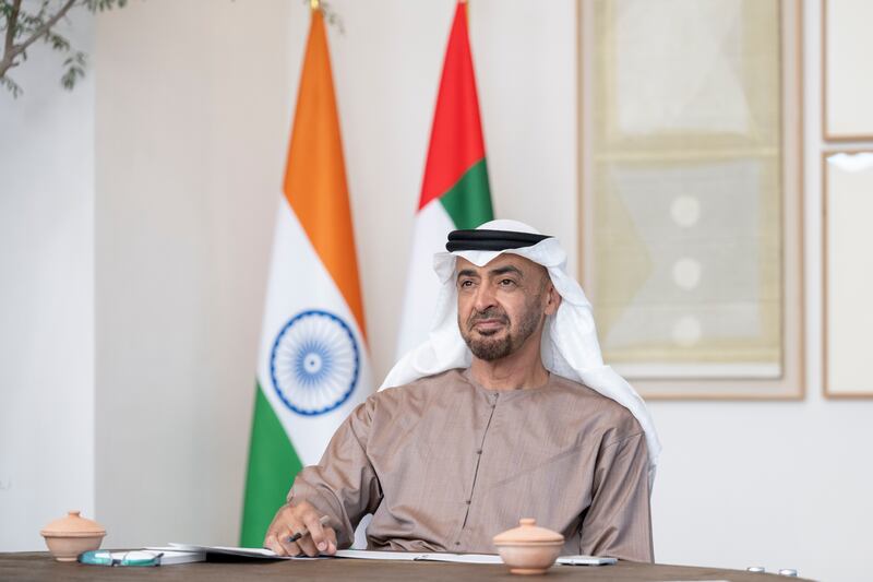 Sheikh Mohamed bin Zayed, Crown Prince of Abu Dhabi and Deputy Supreme Commander of the Armed Forces, takes part in a virtual summit with India's Prime Minister Narendra Modi. Photo: Hamad Al Kaabi / Ministry of Presidential Affairs