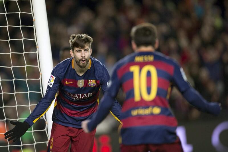 Barcelona’s defender Gerard Pique (L) celebrates with Argentinian striker Leo Messi (R) after scoring against RCD Espanyol during their their Spanish King’s Cup first leg match round of 16th played at Camp Nou stadium in Barcelona, Catalonia, Spain on 25 January 2016.  EPA/ALEJANDRO GARCIA