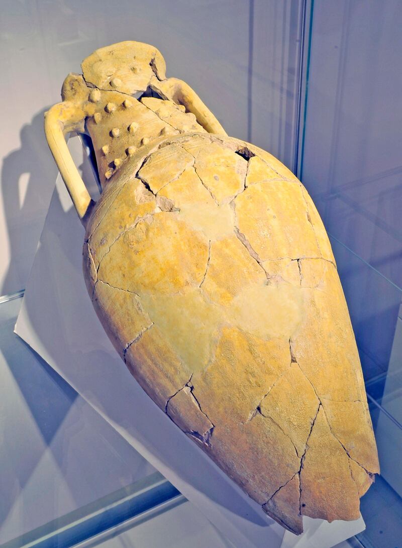 A yellow glased amphora with long neck & two handles, Dibba 100AD on display as part of the exhibit "Our Monuments Narrate Our History" at the Sharjah Archaeology Museum on Tuesday, April 16, 2013. Charles Crowell for The National