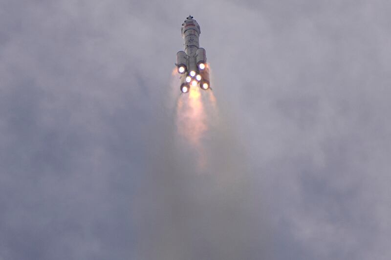The rocket lifts off, heading to the Tiangong space station. AP