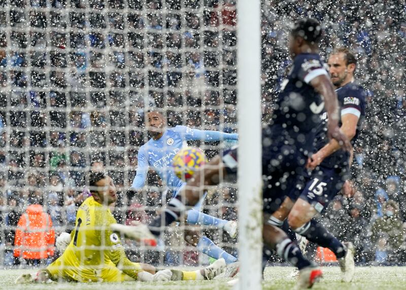 Gabriel Jesus attempts a shot at goal against West Ham. AFP