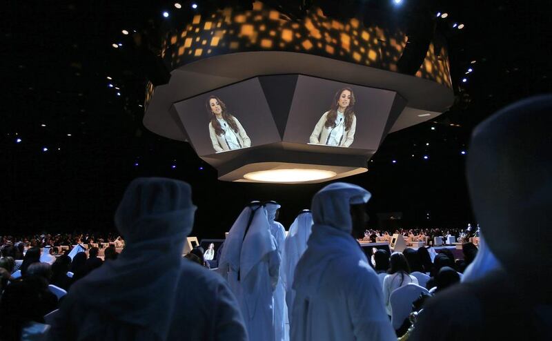 Jordan's Queen Rania talks at the opening day of the Global Women’s Forum in Dubai. Kamran Jebreili / AP Photo