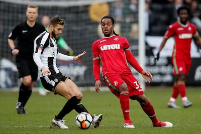 Soccer Football - FA Cup Fourth Round - Notts County vs Swansea City - Meadow Lane, Nottingham, Britain - January 27, 2018   Notts County's Jorge Grant in action with Swansea City's Renato Sanches    REUTERS/David Klein
