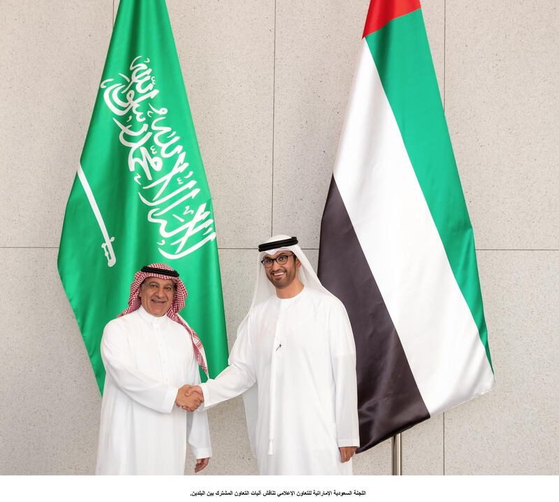 Turki Al Shabana, Saudi Minister of Media, discussed the media landscape with Dr Sultan Al Jaber, UAE Minister of State, in Abu Dhabi. Courtesy Wam    