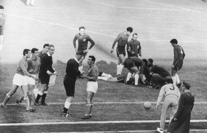 English referee Ken Aston sends off Mario David during the 1962 World Cup match between Italy and Chile in Santiago. The  match was remarkably violent with two Italians being sent off and another having his nose broken by a punch from a Chilean player. Italy won the match 2-0. Getty