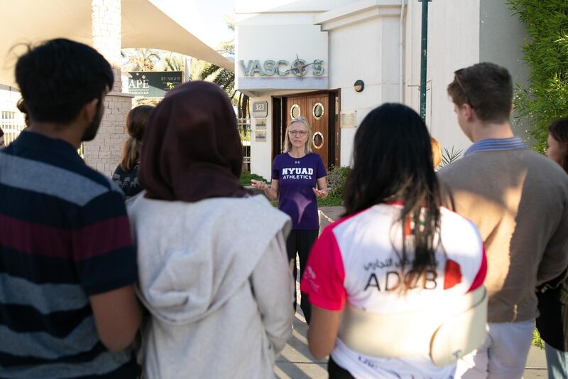 The new vice chancellor addresses students during her recent 'walk with Mariet' event where she showed them the sights of Abu Dhabi. courtesy: NYUAD