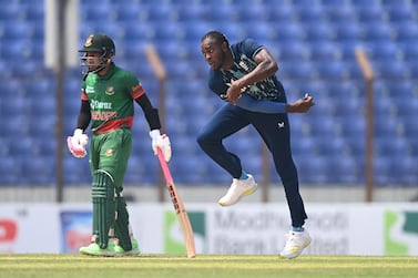 CHITTAGONG, BANGLADESH - MARCH 06: England bowler Jofra Archer in bowling action during the 3rd ODI between Bangladesh and England at Zahur Ahmed Chowdhury Stadium on March 06, 2023 in Chittagong, Bangladesh. (Photo by Gareth Copley / Getty Images)