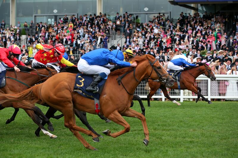 Naval Crown ridden by James Doyle beats Godolphin stablemate Creative Force (3) ridden by William Buick to win The Platinum Jubilee Stakes on day five of Royal Ascot 2022. Getty Images