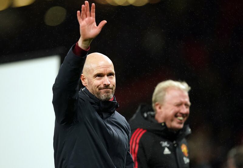 Manchester United manager Erik ten Hag waves at fans following the victory. PA