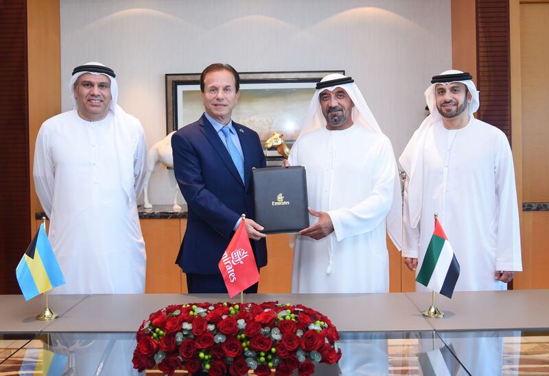 Sheikh Ahmed bin Saeed, Emirates Group chairman and chief executive, and Tony Joudi, Ambassador of the Bahamas to the UAE and Qatar, at the signing ceremony. Photo: Emirates