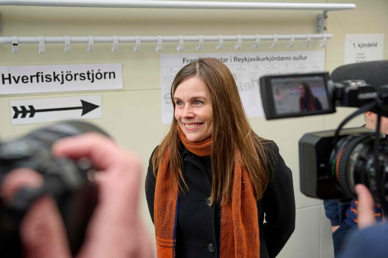 Iceland's Prime Minister Katrin Jakobsdottir speaks at a polling station in Reykjavik. Photo: AFP