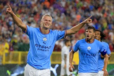 GREEN BAY, WISCONSIN - JULY 23: Erling Haaland of Manchester City celebrates after scoring their team's first goal during the pre-season friendly match between Bayern Munich and Manchester City at Lambeau Field on July 23, 2022 in Green Bay, Wisconsin.    Justin Casterline / Getty Images / AFP
