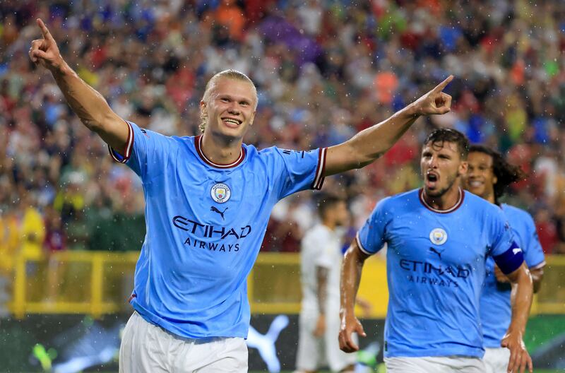 Erling Haaland celebrates after scoring Manchester City's first goal during the pre-season friendly match against Bayern Munich at Lambeau Field on July 23, 2022 in Green Bay, Wisconsin. Getty
