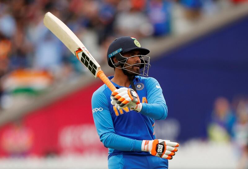 Cricket - ICC Cricket World Cup Semi Final - India v New Zealand - Old Trafford, Manchester, Britain - July 10, 2019   India's Ravindra Jadeja celebrates his half century     Action Images via Reuters/Lee Smith