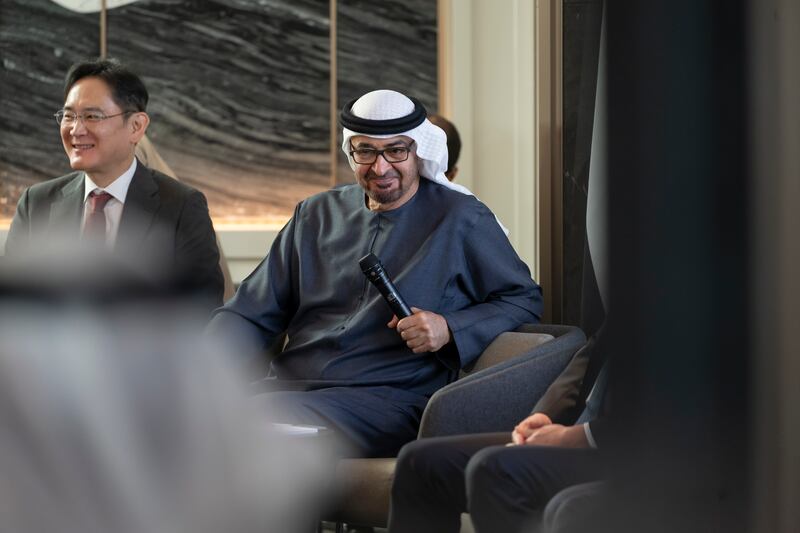 President Sheikh Mohamed with leaders of the Korean business community, during a state visit to the Republic of Korea. Mohamed Al Hammadi / UAE Presidential Court 