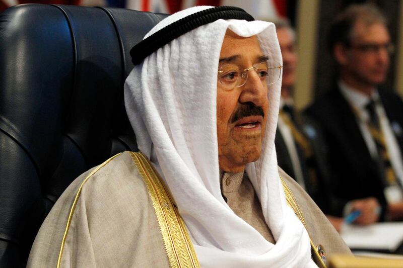 Kuwait's ruling emir, Sheikh Sabah Al Ahmad Al Sabah, prepares for a donor's summit at Bayan Palace in Kuwait City, Kuwait, Wednesday, Feb. 14, 2018. Kuwait on Wednesday hosted the final day of a conference seeking billions of dollars to help rebuild Iraq after the war against the Islamic State group. (AP Photo/Jon Gambrell)