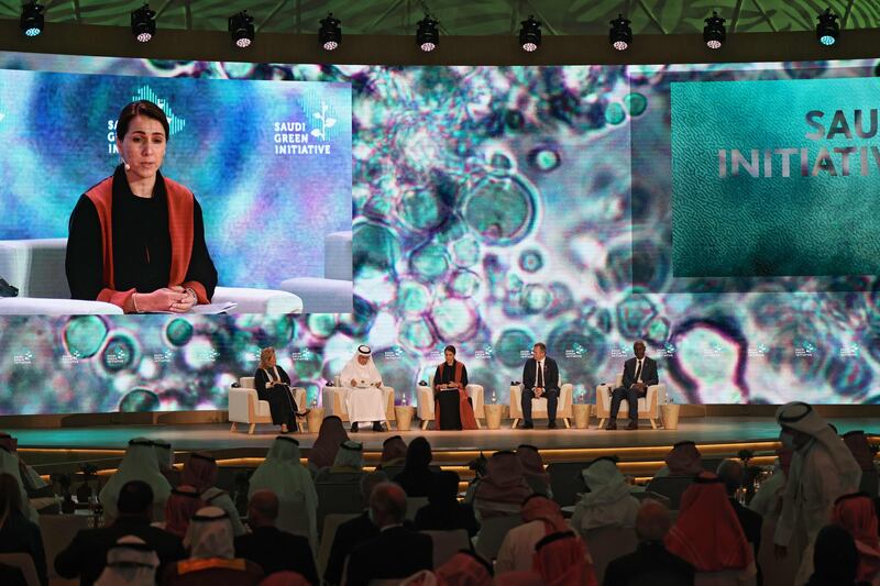 The UAE's Minister of Climate Change and Environment, Mariam Al Mheiri, speaks during the opening ceremony of the forum in Riyadh. AFP
