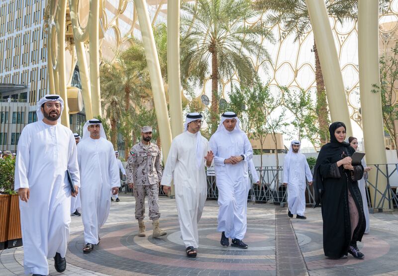Sheikh Mansour bin Zayed, Vice President, Deputy Prime Minister and Chairman of the Presidential Court, inspects the final preparations of Cop28, at Expo City Dubai. Among high-ranking officials accompanying him were Talal Hamid Belhoul Al Falasi, director general of the State Security Department in Dubai and Mohamed Abdullah Al Junaibi, chairman of the Federal Protocol and Strategic Narrative Authority. All Photos: Abdulla Al Bedwawi / UAE Presidential Court 
